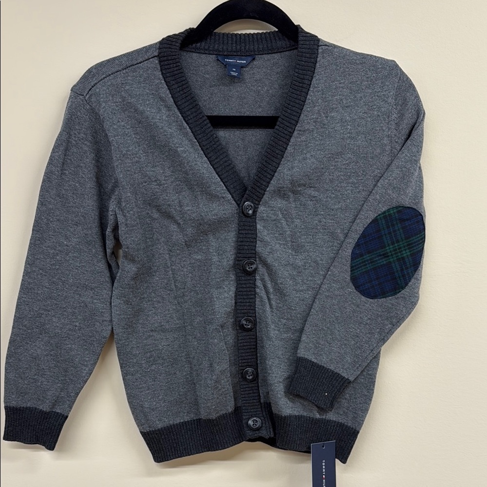 Tommy Hilfiger Charcoal Cardigan with Plaid Elbow Patch